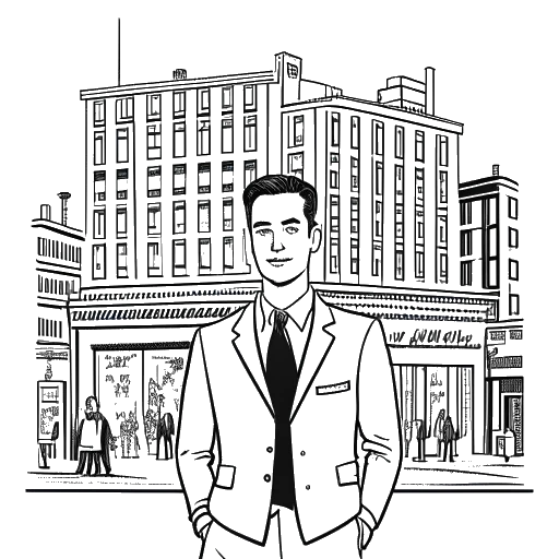 Dibujo de arte en línea de un hombre, representando a Vito Schnabel, con cabello corto, vistiendo un traje. Él se encuentra orgulloso frente a su galería de arte, ubicada en Manhattan, rodeado de emblemáticos lugares de la ciudad de Nueva York, todo en un fondo blanco.
