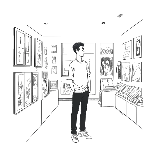 Desenho de arte linear de um homem representando Vito Schnabel, cercado por obras de arte em uma galeria.