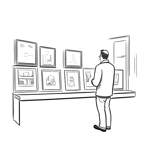 Dibujo de arte lineal de un hombre que representa a Vito Schnabel, frente a tres galerías y una plataforma de subasta en línea de NFTs.
