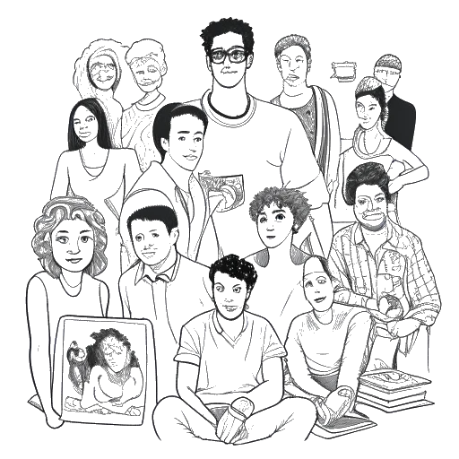 Line art drawing of a man representing Vito Schnabel, surrounded by his family members who are artists.