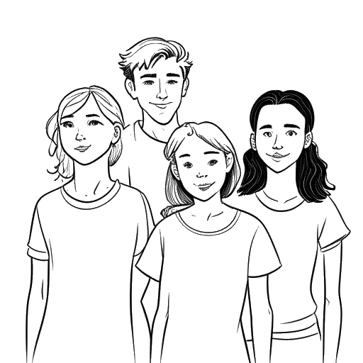 Desenho de arte linear de um homem representando Vito Schnabel, cercado por suas duas irmãs e dois meio-irmãos.