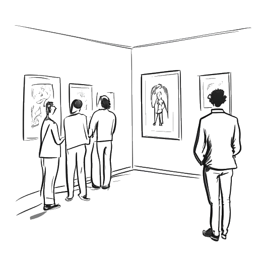 Dibujo de arte lineal de un hombre que representa a Vito Schnabel, presentando su primera exposición de arte, titulada 'The Incubator'.