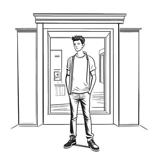 Line art drawing of a man representing Vito Schnabel, standing proudly in front of his first gallery in Manhattan.