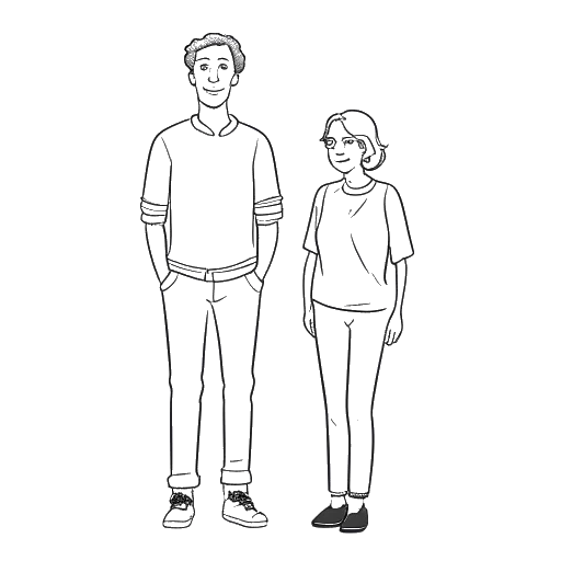 Line art drawing of a man representing Vito Schnabel, standing next to his mother, Jacqueline Beaurang, a designer.