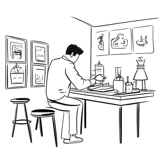Desenho de arte linear de um homem representando Vito Schnabel, curando arte para um restaurante.