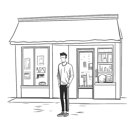 Line art drawing of a man representing Vito Schnabel, standing in front of his second gallery in St. Moritz, which was once his mentor's space.