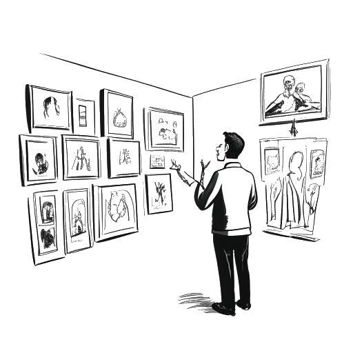 Desenho de arte linear de um homem representando Vito Schnabel, usando uma abordagem narrativa para curar uma exposição.