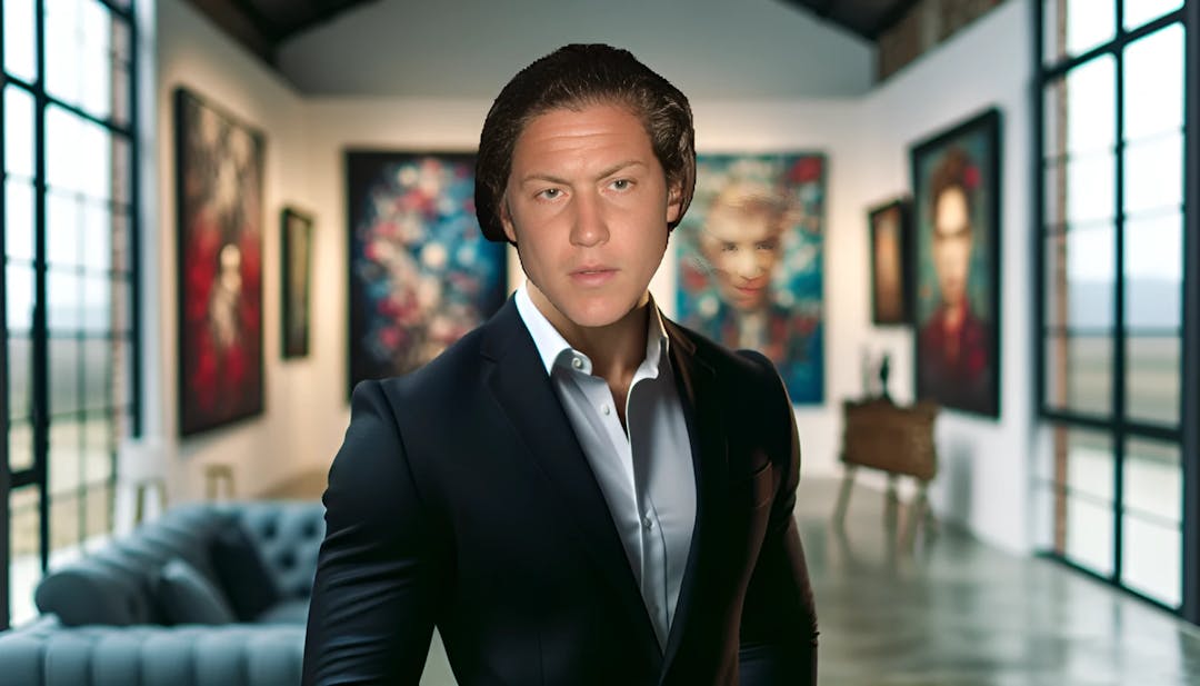 Vito Schnabel, a charismatic and confident bald-headed man in a stylish black suit, looking directly into the camera. The background is an art gallery filled with captivating artworks, reflecting his strong connection to the art world.