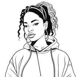 Dibujo de arte lineal de una mujer que representa a Nicki Minaj, con un cabello colorido y vibrante, vistiendo ropa urbana, irradiando confianza. La imagen muestra su ascenso en la industria musical.