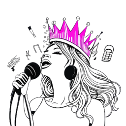 Dibujo de arte lineal de una mujer que representa a Nicki Minaj, sosteniendo un micrófono, con una corona flotando sobre su cabeza. Notas musicales vibrantes la rodean, simbolizando su avance con el álbum "Pink Friday."