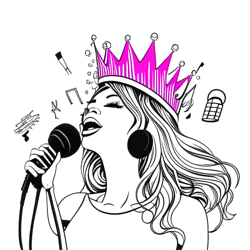Lijnart-tekening van een vrouw die Nicki Minaj vertegenwoordigt, met een microfoon vasthoudend, met een kroon zwevend boven haar hoofd. Levendige muzieknoten omringen haar, symbool voor haar doorbraak met het album "Pink Friday".