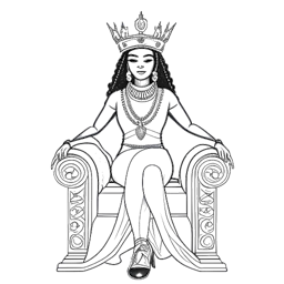 Desenho em arte de linha de uma mulher representando Nicki Minaj, sentada em um trono, vestindo uma coroa, exalando uma aura de poder e confiança. A imagem simboliza sua consolidação como um ícone com o álbum "Queen."