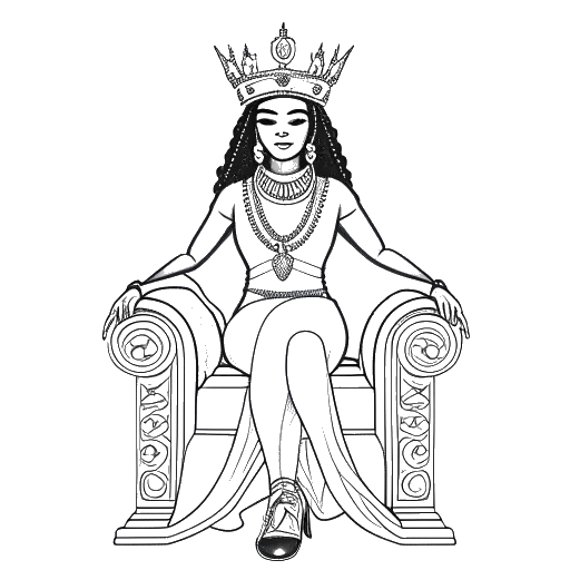 Lijnart-tekening van een vrouw die Nicki Minaj vertegenwoordigt, zittend op een troon, een kroon dragend, straalt een aura van macht en zelfvertrouwen uit. De afbeelding symboliseert haar vestiging als een icoon met het album "Queen".