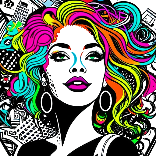 Desenho em arte em linha de uma mulher representando Nicki Minaj. Ela tem cabelos coloridos vibrantes, maquiagem marcante e uma pose confiante. A imagem é cercada por cifrões e notas musicais, simbolizando seu sucesso e riqueza.