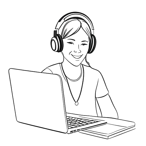 Lijntekening van een vrouw, die Nicki Minaj vertegenwoordigt, bij een computer met koptelefoon, lachend.
