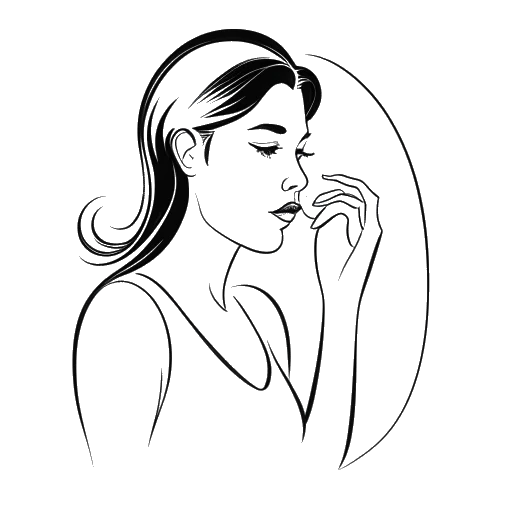 Line art drawing of a woman, representing Nicki Minaj, looking in the mirror with a thoughtful expression.