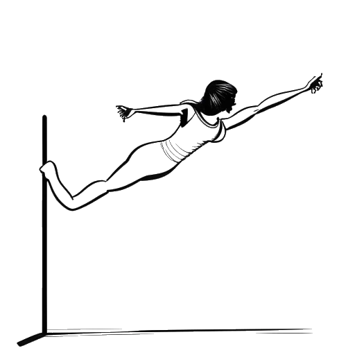 Line art drawing of a woman, representing Olivia Dunne, performing a challenging pose on a balance beam with the American flag behind her, against a white backdrop