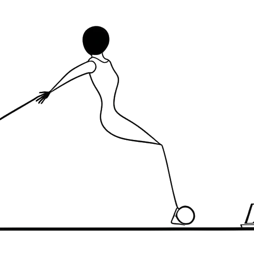 Desenho em arte linear de uma mulher, representando Olivia Dunne, em uma trave de equilíbrio com uma mão tirando uma foto e a outra sombreada por uma bola de beisebol, simbolizando sua vida dupla como atleta e personalidade das redes sociais, contra um fundo branco