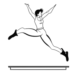 Desenho em arte linear de uma ginasta universitária, representando Olivia Dunne, executando um salto no ar acima de uma trave de equilíbrio com 'LSU' no collant e rodeada por cifrões flutuantes, contra um fundo branco