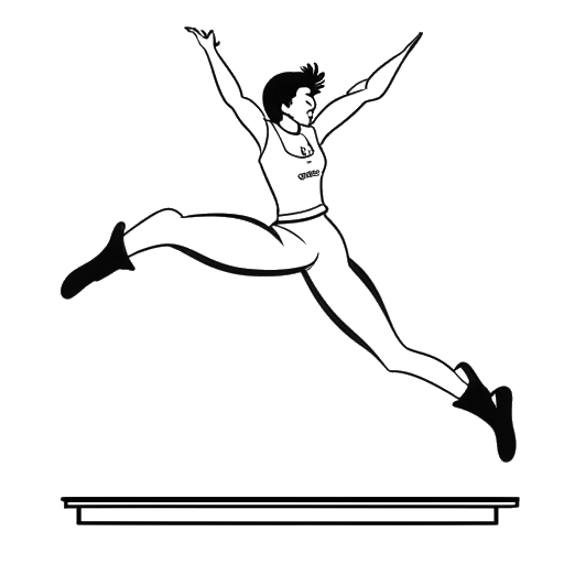 Lijn kunsttekening van een universiteitsgymnast, die Olivia Dunne vertegenwoordigt, die een salto uitvoert boven een balk met 'LSU' op de body en omringd door zwevende dollartekens, tegen een witte achtergrond