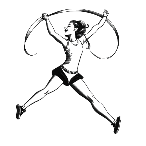 Disegno in arte lineare di una giovane ragazza che rappresenta Olivia Dunne in un salto durante una esibizione di ginnastica, con nastri di scena e una medaglia, catturata su uno sfondo bianco