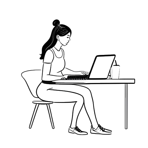 Desenho em linha de uma jovem ginasta representando Olivia Dunne, sentada em uma mesa com um laptop e um caderno.