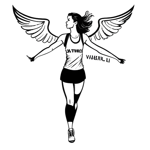 Desenho em linha de uma jovem ginasta representando Olivia Dunne, em pé na frente de uma parede de logos.