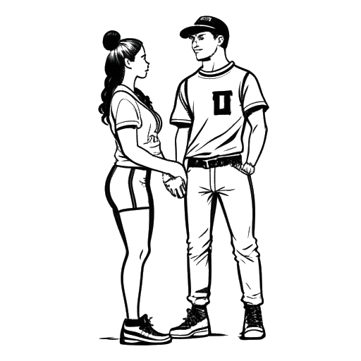 Desenho em linha de uma jovem ginasta representando Olivia Dunne e um jogador de beisebol representando Paul Skenes, em pé juntos.