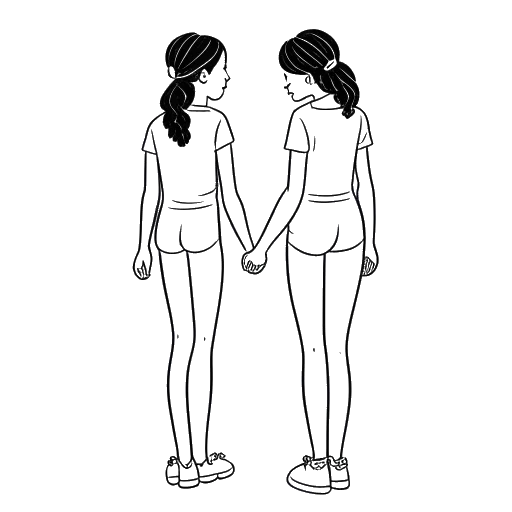 Desenho em linha de duas jovens ginastas representando Olivia Dunne e Sunisa Lee, em pé juntas.