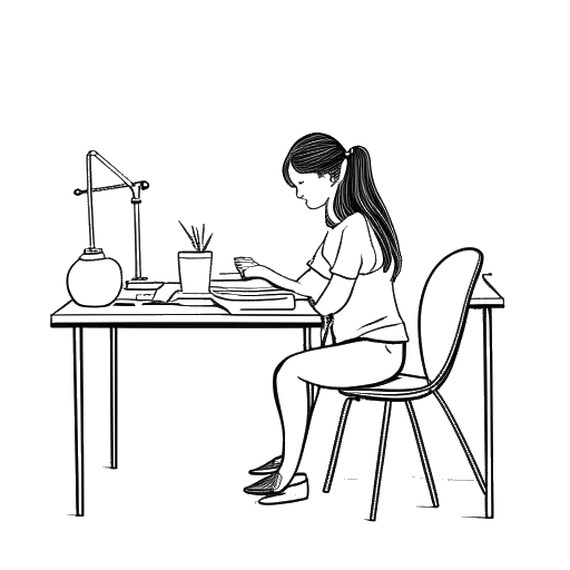 Desenho em linha de uma menina representando Olivia Dunne, estudando em uma mesa com equipamento de ginástica.