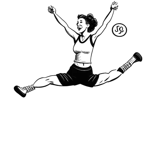 Desenho em linha de uma jovem ginasta representando Olivia Dunne, saltando sobre medalhas, nos níveis 5 e 8.