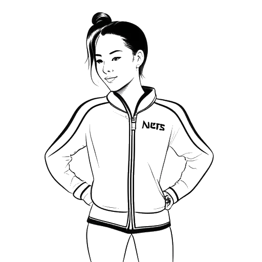 Desenho em linha de uma jovem ginasta representando Olivia Dunne, usando uma jaqueta de equipe.