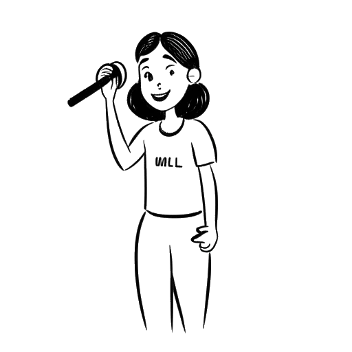 Disegno in line art di una giovane ginnasta che rappresenta Olivia Dunne, tenendo un microfono.