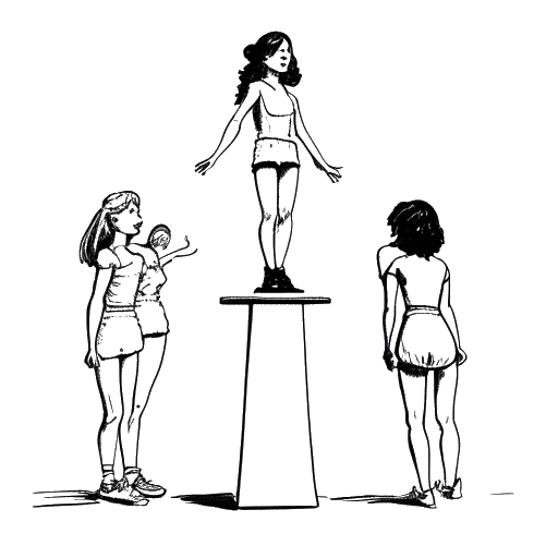 Disegno in line art di una giovane ginnasta che rappresenta Olivia Dunne, in piedi su un piedistallo, con le giovani ragazze che la guardano.
