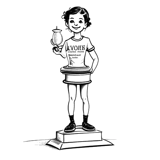 Line art drawing of a young gymnast representing Olivia Dunne, standing on a podium, holding a trophy.
