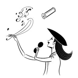 Desenho em arte de linha de uma mulher, representando Taylor Swift, falando em um megafone, cercada por notas musicais e um capelo de formatura, simbolizando sua defesa e conquistas.