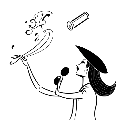 Linienzeichnung einer Frau, die Taylor Swift repräsentiert, spricht in ein Megaphon, umgeben von Musiknoten und einer Doktorhut, die ihre Einsatzbereitschaft und Leistungen symbolisieren.