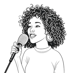 Schwarz-weißes Linienkunstwerk einer jungen Frau, die Taylor Swift repräsentiert, singt in ein Mikrofon mit Weihnachtsbäumen, die ihre frühen Anfänge symbolisieren.