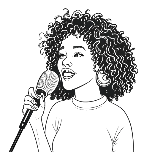 Black and white line art drawing of a young girl, representing Taylor Swift, singing into a microphone with Christmas trees symbolizing her early beginnings.