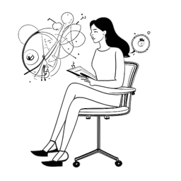 Desenho simplificado em arte de linha de uma mulher, representando Taylor Swift, em uma cadeira de diretora, cercada por motivos musicais, de futebol e ovos de Páscoa, destacando seus marcos pessoais.