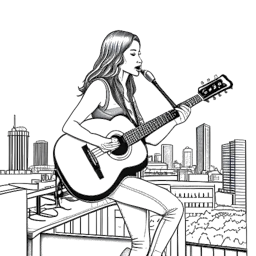 Line drawing of a teenage girl, representing Taylor Swift, with a guitar, poised to perform, with the signature Nashville skyline in the background.