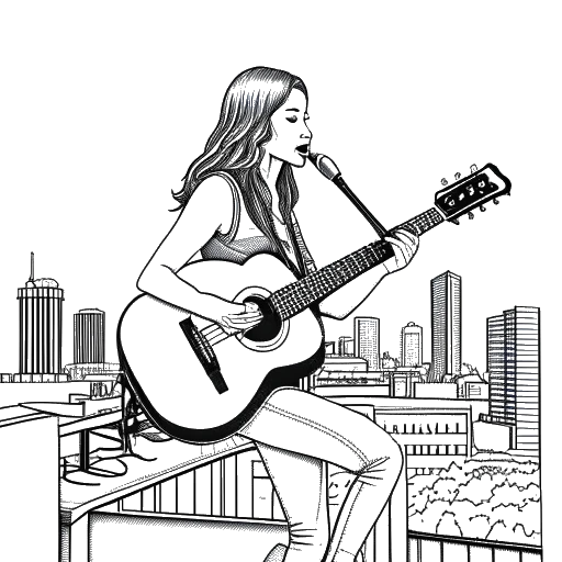 Line drawing of a teenage girl, representing Taylor Swift, with a guitar, poised to perform, with the signature Nashville skyline in the background.
