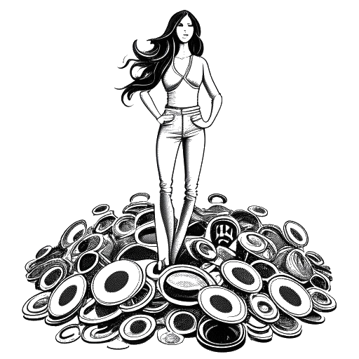 Line art drawing of a woman representing Taylor Swift, with long hair, standing atop platinum record discs, brandishing a guitar, surrounded by award statues, with a wave-like pattern evoking an audience in the background.