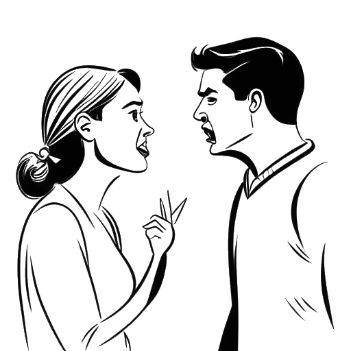 Line art drawing of a woman, representing Taylor Swift, and a man, representing Kanye West, facing off in a heated argument