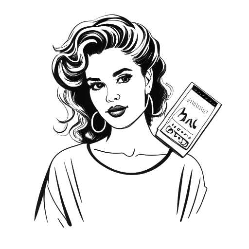 Dibujo de arte lineal de una mujer, representando a Taylor Swift, sosteniendo un álbum pop con el título '1989'