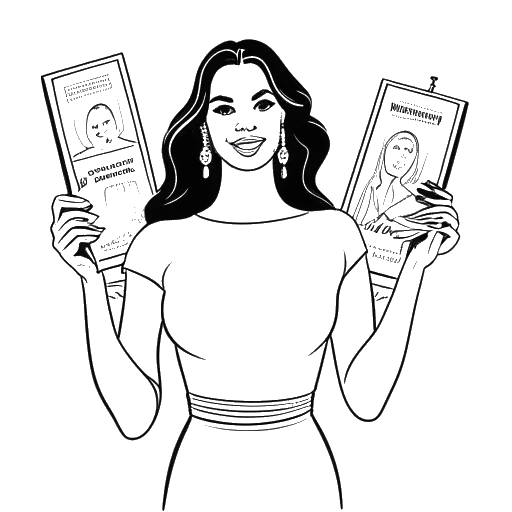 Line art drawing of a woman, representing Taylor Swift, holding multiple Billboard Music Awards