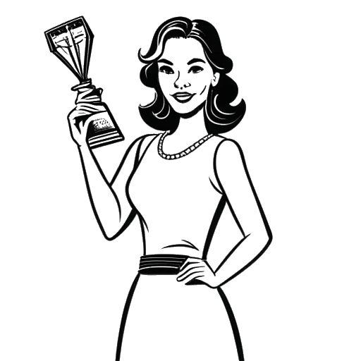 Line art drawing of a woman, representing Taylor Swift, holding a director's clapboard and a VMA award