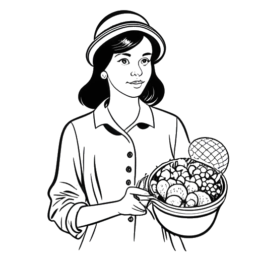Dibujo de arte lineal de una mujer, representando a Taylor Swift, sosteniendo una cesta de huevos de Pascua y una lupa