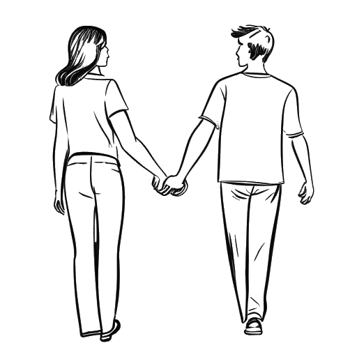 Line art drawing of a woman, representing Taylor Swift, holding hands with a man, representing Travis Kelce