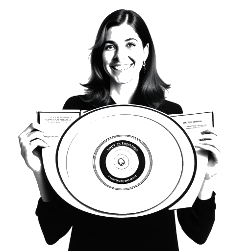 Line art drawing of a woman, representing Taylor Swift, holding a stack of records and a Guinness World Records certificate